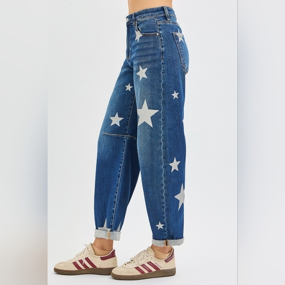 Risen MR Dark Wash Star Print Barrel Jeans Relaxed Ankle Cuffed Various NEW - Picture 3 of 5